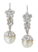 A PAIR OF PEARL AND DIAMOND PENDANT EARRINGS