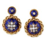 A PAIR OF 19TH CENTURY DIAMOND AND BLUE ENAMEL PENDANT EARRINGS