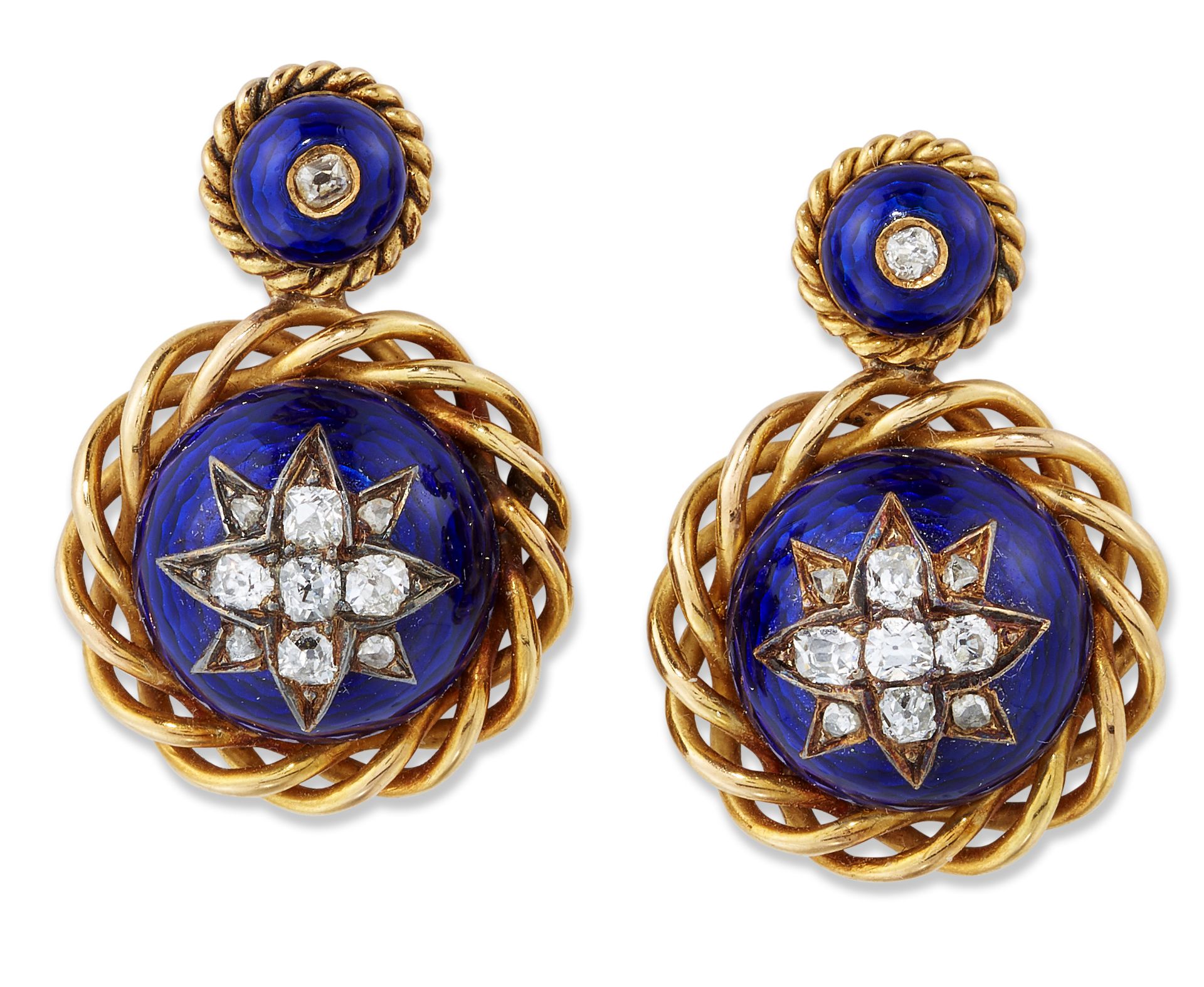 A PAIR OF 19TH CENTURY DIAMOND AND BLUE ENAMEL PENDANT EARRINGS