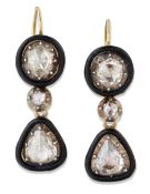 A PAIR OF BLACK ENAMEL AND DIAMOND EARRINGS