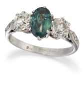 AN 18 CARAT WHITE GOLD ALEXANDRITE AND DIAMOND THREE-STONE RING