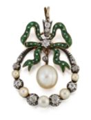 A NATURAL SALTWATER PEARL, DIAMOND AND ENAMEL PENDANT
