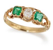 AN EMERALD AND DIAMOND THREE-STONE RING