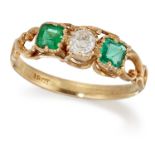 AN EMERALD AND DIAMOND THREE-STONE RING