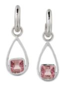 A PAIR OF 9 AND 18 CARAT WHITE GOLD PINK TOURMALINE AND DIAMOND EARRINGS