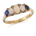 A VICTORIAN 18 CARAT GOLD CORAL, BLUE PASTE AND DIAMOND RING