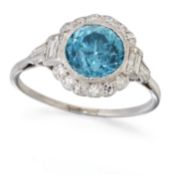 A BLUE ZIRCON AND DIAMOND CLUSTER RING