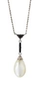 A NATURAL SALTWATER PEARL, ONYX AND DIAMOND PENDANT NECKLACE