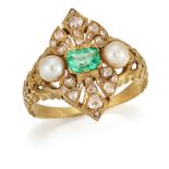 A GEORGIAN STYLE EMERALD AND CULTURED PEARL RING
