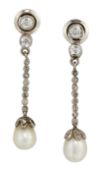 A PAIR OF EDWARDIAN NATURAL SALTWATER PEARL AND DIAMOND PENDANT CLIP EARRINGS