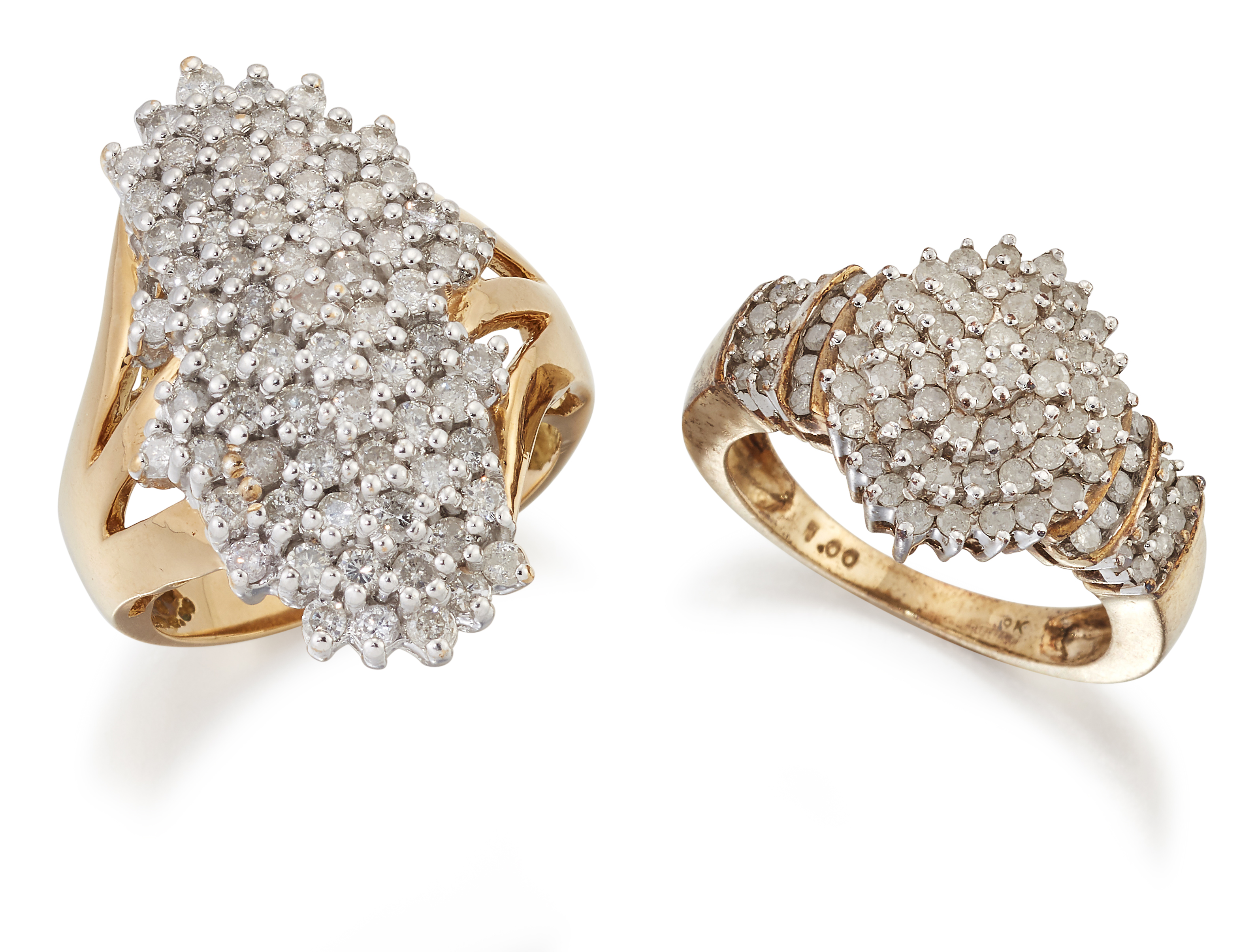 A 9 CARAT GOLD DIAMOND CLUSTER RING AND A DIAMOND NAVETTE RING