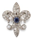 A SAPPHIRE AND DIAMOND FLEUR DE LYS BROOCH