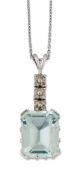 AN 18 CARAT WHITE GOLD AQUAMARINE AND DIAMOND PENDANT