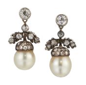 A PAIR OF NATURAL SALTWATER PEARL AND DIAMOND PENDANT EARRINGS