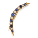 A VICTORIAN SAPPHIRE AND SPLIT PEARL CRESCENT BROOCH
