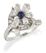 A SAPPHIRE AND DIAMOND FLORAL DRESS RING