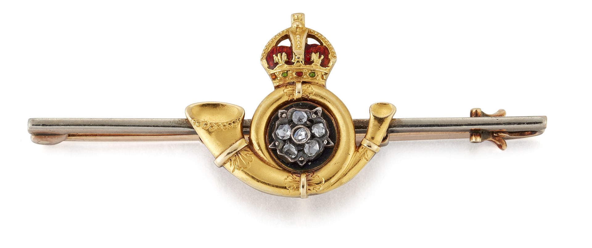 A DIAMOND AND ENAMEL KING'S OWN YORKSHIRE LIGHT INFANTRY SWEETHEART BROOCH