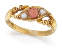 AN EDWARDIAN 18 CARAT GOLD CORAL AND SPLIT PEARL THREE STONE RING