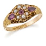 A VICTORIAN 15 CARAT GOLD GARNET AND SEED PEARL CLUSTER RING