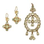 A CHRYSOBERYL PENDANT AND A MATCHED PAIR OF CHRYSOBERYL AND SYNTHETIC GREEN SPINEL EARRINGS