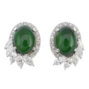 A PAIR OF JADE AND DIAMOND EARRINGS