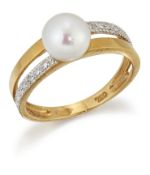 A CULTURED BUTTON PEARL AND DIAMOND RING