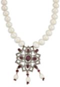 A RUBY, WHITE PASTE AND CULTURED PEARL PENDANT NECKLACE