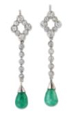 A PAIR OF EARLY 20TH CENTURY EMERALD AND DIAMOND PENDANT EARRINGS