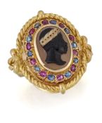 A SARDONYX CAMEO, RUBY AND SAPPHIRE RING