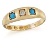 AN 18 CARAT GOLD VICTORIAN DIAMOND AND TURQUOISE THREE STONE RING