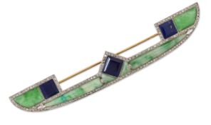 AN ART DECO JADE, LAPIS LAZULI AND DIAMOND BROOCH