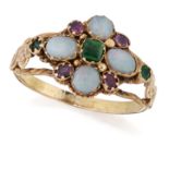 A 19TH CENTURY OPAL, EMERALD AND GARNET CLUSTER RING
