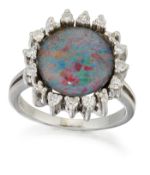 AN OPAL TRIPLET AND DIAMOND CLUSTER RING