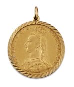 A VICTORIA, 1887 SOVEREIGN, LOOSE MOUNTED IN A 9 CARAT GOLD FRAME AS A PENDANT