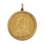 A VICTORIA, 1887 SOVEREIGN, LOOSE MOUNTED IN A 9 CARAT GOLD FRAME AS A PENDANT