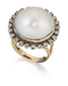 A CULTURED MABE PEARL AND DIAMOND CLUSTER RING