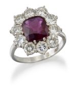 A RUBY AND DIAMOND CLUSTER RING