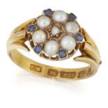 A VICTORIAN 15 CARAT GOLD SPLIT PEARL, SAPPHIRE AND DIAMOND RING