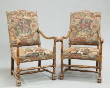 A PAIR WILLIAM AND MARY STYLE BEECH AND UPHOLSTERED ARMCHAIRS, each with upholstered back and