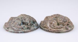 A PAIR OF SILVER AND GOLD INLAID BRONZE WEIGHTS, HAN DYNASTY