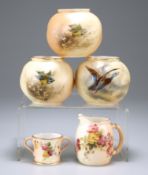 FIVE PIECES OF ROYAL WORCESTER PORCELAIN, COMPRISING; THREE VASES