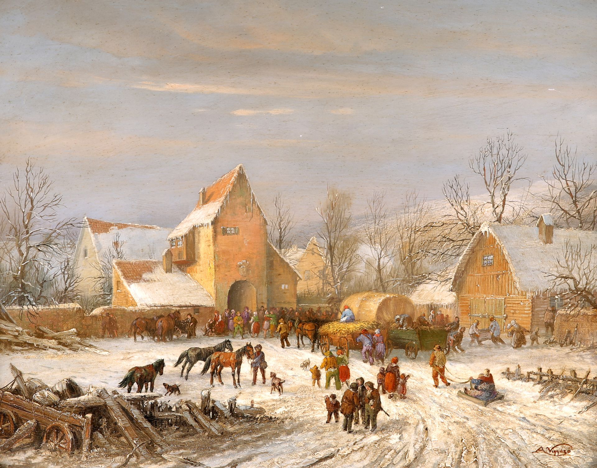 A*** VIGYOZO, WINTER LANDSCAPE WITH FIGURES