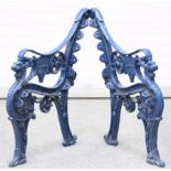 A PAIR OF BLUE PAINTED CAST IRON BENCH ENDS