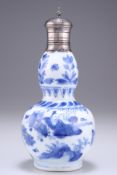 A SILVER-MOUNTED AND COVERED KANGXI BLUE AND WHITE DOUBLE GOURD VASE