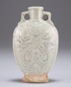 A SMALL LATE YUAN DYNASTY CELADON BOTTLE FLASK