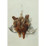 19TH CENTURY CONTINENTAL SCHOOL, BRACE OF GROUSE HANGING ON A WHITE WASH WALL