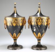 A PAIR OF GEORGIAN TOLE CHESTNUT URNS AND COVERS