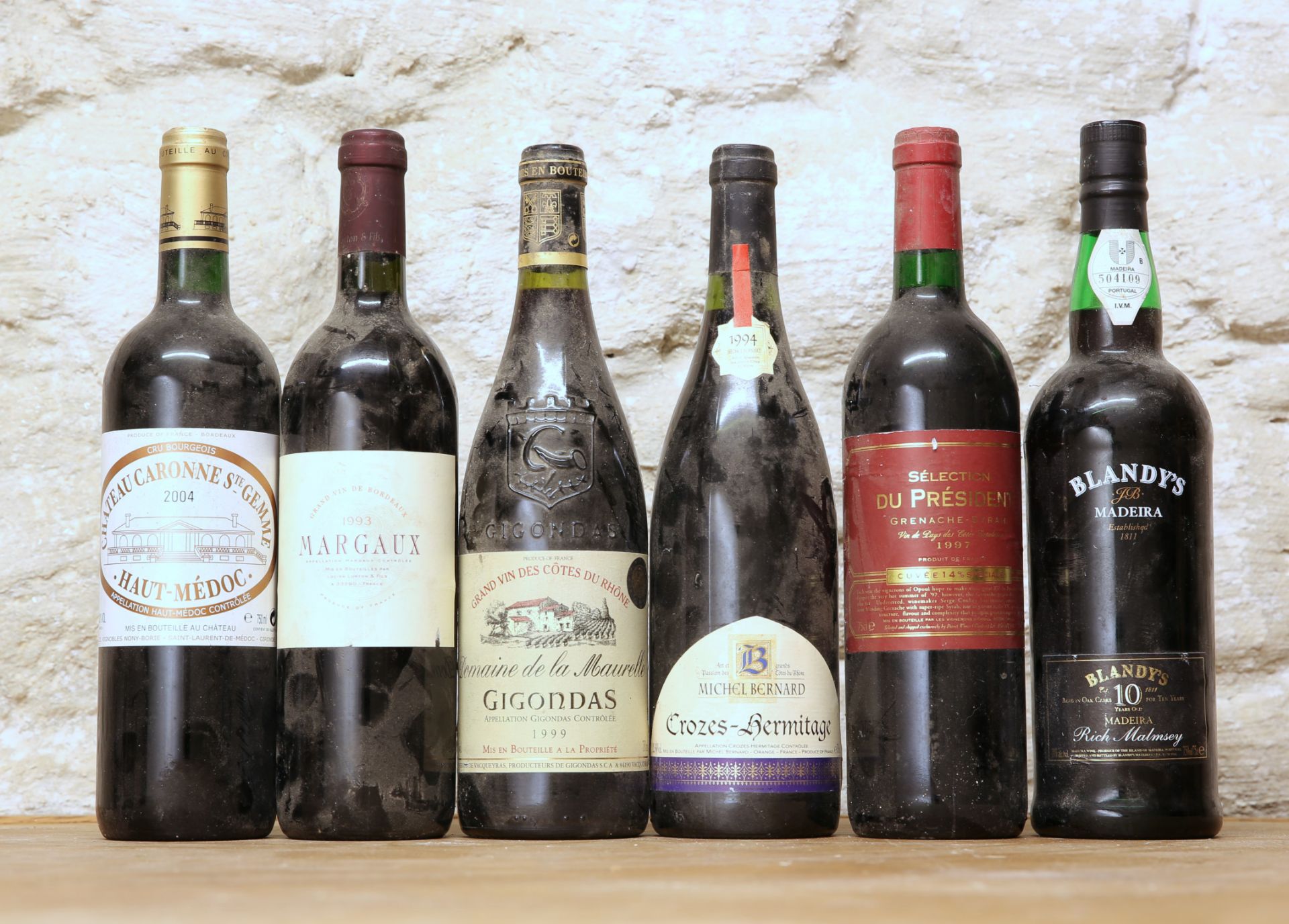 6 BOTTLES MIXED LOT INCLUDING GOOD CLARET, RHONE AND MADEIRA COMPRISING