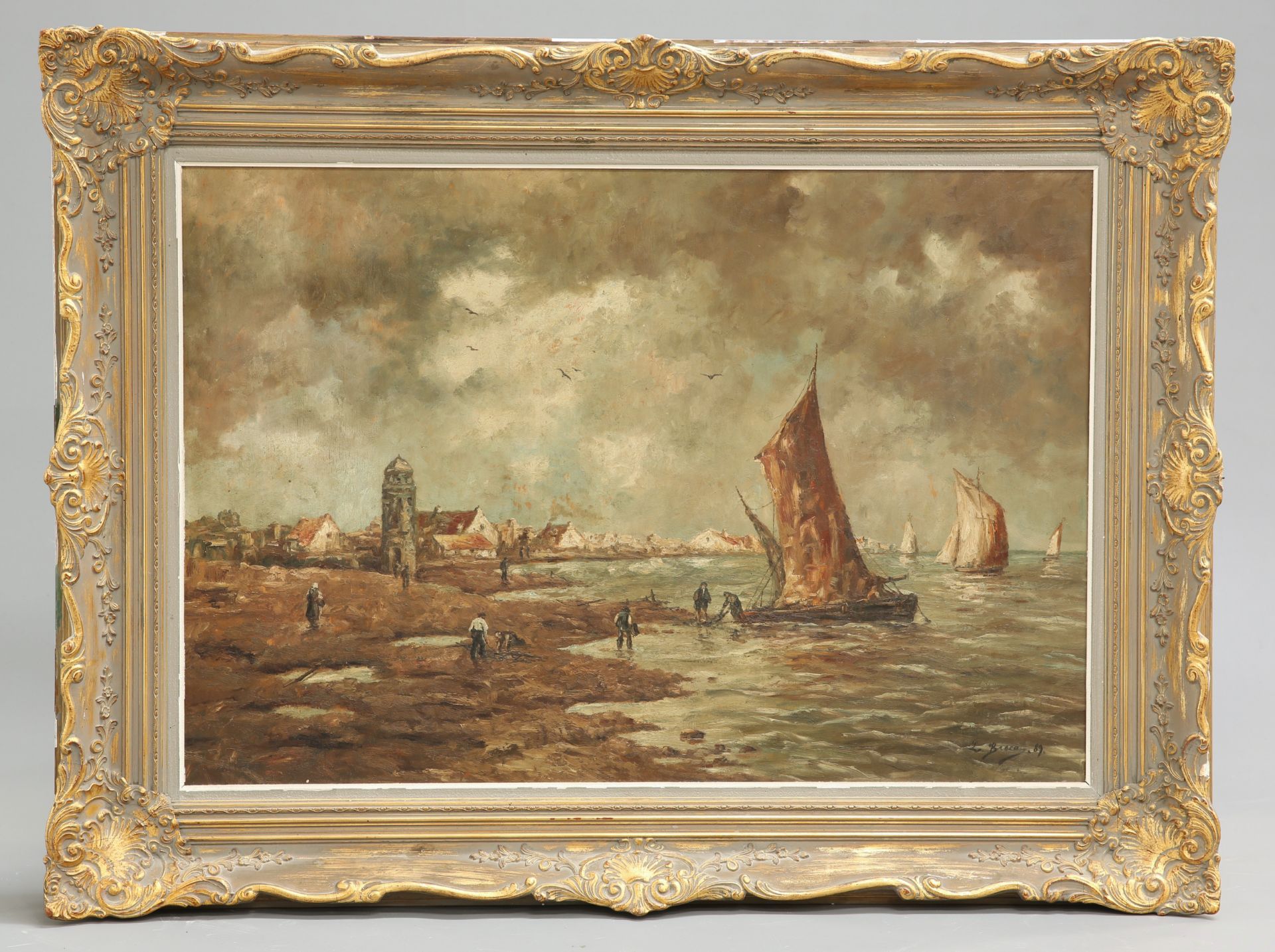FLEMISH SCHOOL, FISHERMEN AND BOATS ON THE SHORE
