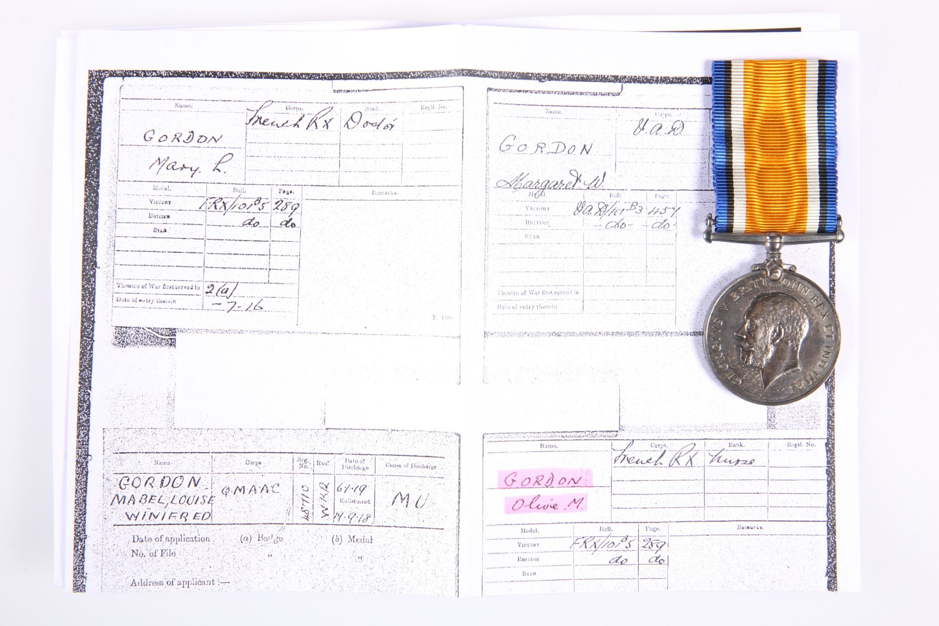 A WWI WAR MEDAL TO OLIVE M GORDON NURSE FRENCH RED CROSS - Image 2 of 2